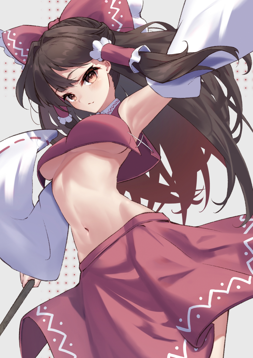 1girl absurdres armpits blush bow breasts brown_eyes brown_hair closed_mouth collared_shirt commentary_request detached_sleeves dutch_angle frilled_bow frills gloves gohei grey_background hair_bow hair_tubes hakurei_reimu half_gloves highres holding holding_gohei long_hair looking_at_viewer navel orange_eyes red_bow red_shirt red_skirt ribbon-trimmed_sleeves ribbon_trim saniraku shirt sidelocks simple_background skirt sleeveless sleeveless_shirt solo standing touhou underboob white_sleeves wide_sleeves