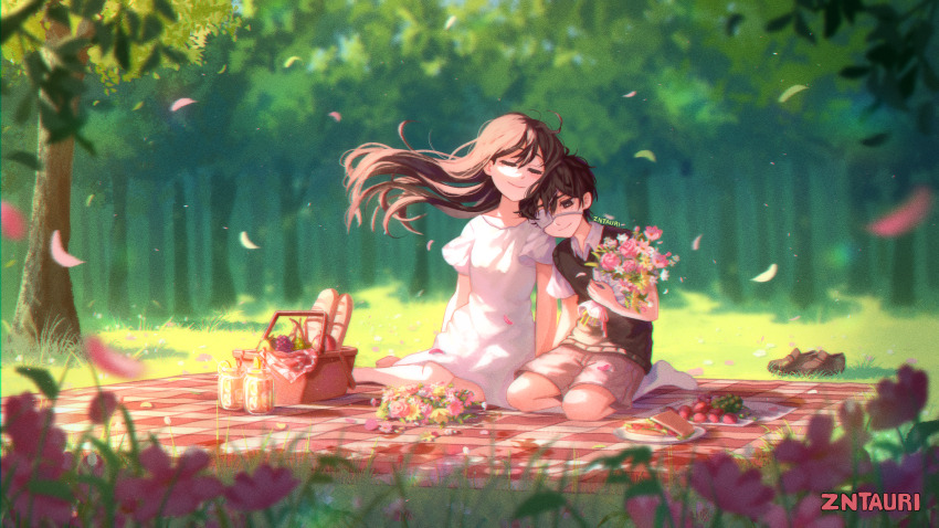 1boy 1girl artist_name baguette black_eyes black_hair black_sweater_vest blurry blurry_background blush bouquet bread brown_shorts checkered_blanket closed_mouth collared_shirt day dress eyepatch flower food highres holding holding_bouquet mari_(faraway)_(omori) mari_(omori) omori outdoors picnic_basket picnic_blanket plate shirt short_sleeves shorts smile socks spoilers sunny_(omori) sweater_vest tree white_dress white_shirt white_socks zntauri