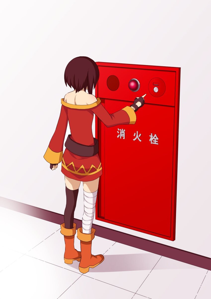 1girl asymmetrical_legwear bare_back black_gloves black_hair commentary_request dress fingerless_gloves fire_alarm from_behind full_body gloves highres kono_subarashii_sekai_ni_shukufuku_wo! long_sleeves megumin mismatched_legwear pointing push-button red_dress short_hair sidelocks simple_background solo standing translated yasehattagi