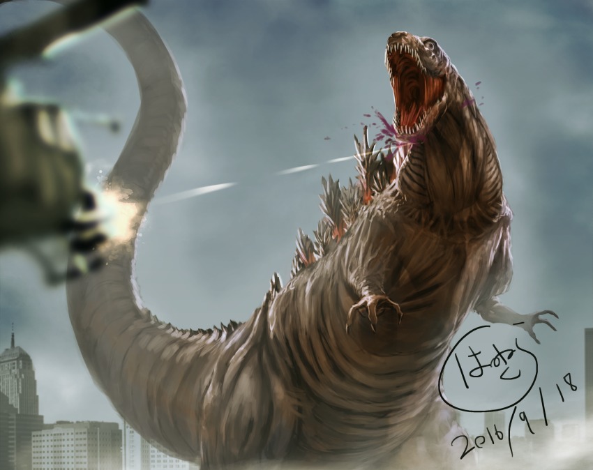 2016 ah-1_cobra aircraft alternate_universe blood building city claws dated firing giant giant_monster godzilla godzilla_(series) godzilla_(shin) hanekura_bou helicopter highres kaiju monster monster_in_shinagawa no_humans open_mouth sharp_teeth shin_godzilla signature skyscraper spikes teeth toho