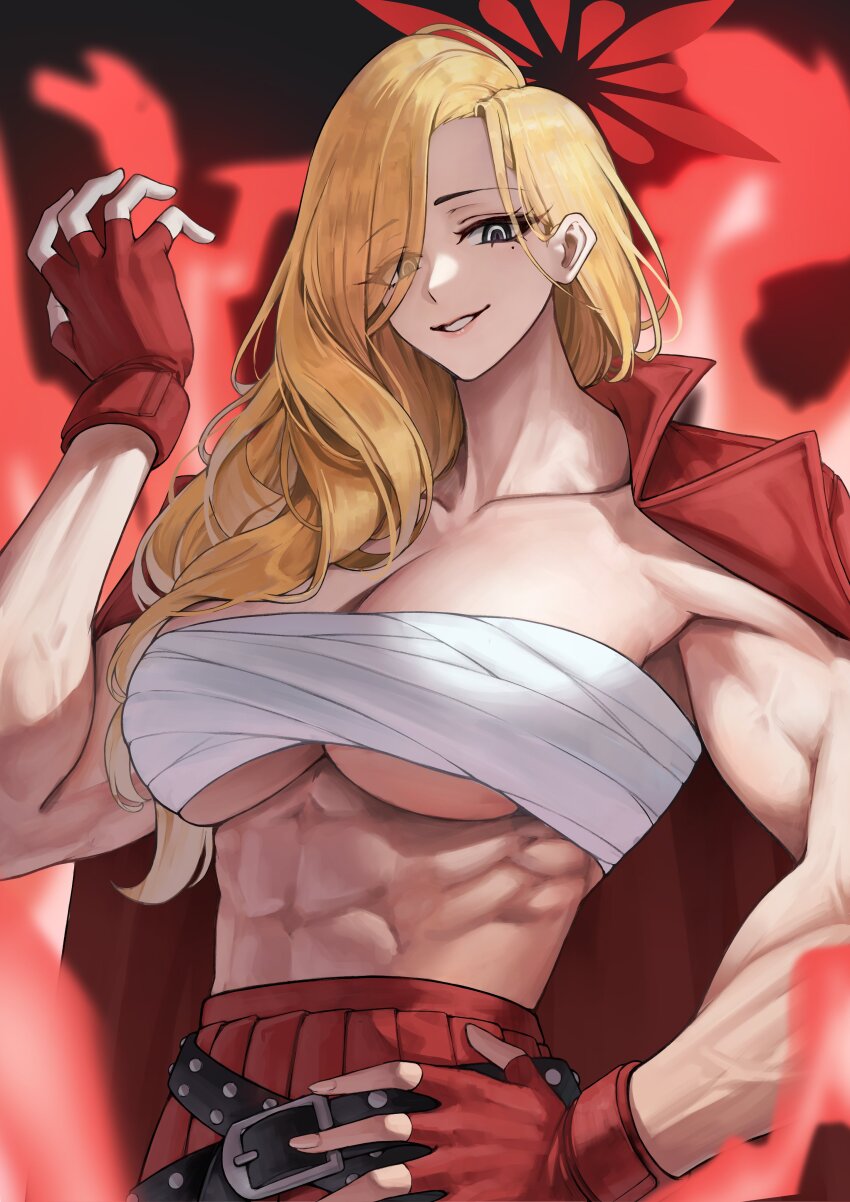 1girl abs absurdres akemi_(blue_archive) bare_shoulders belt biceps blonde_hair blue_archive breasts chest_sarashi chirang cleavage fingerless_gloves gloves grey_eyes grin halo highres large_breasts long_hair looking_at_viewer muscular muscular_female parted_bangs pleated_skirt red_gloves red_skirt sarashi skirt smile solo