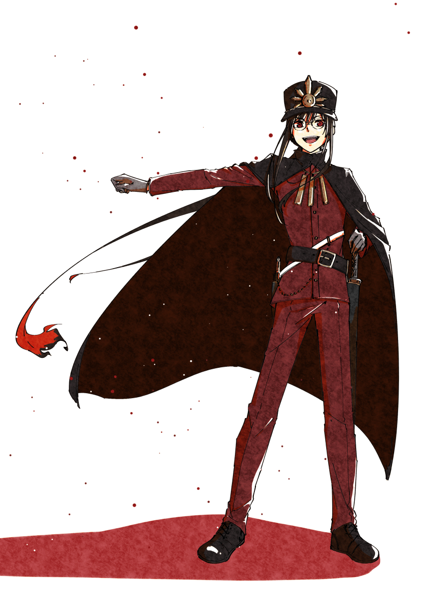 1boy :d absurdres belt black_belt black_cape black_footwear black_hair black_hat blood blood_spray cape chain colored_shadow crest family_crest fate/grand_order fate_(series) fiery_hair full_body glasses gloves gold_chain grey_gloves hand_up hat high_collar highres holding holding_sword holding_weapon jacket katana kepi long_hair long_sleeves looking_at_viewer low_ponytail male_focus military_hat military_uniform oda_nobukatsu_(fate) oda_uri open_mouth outstretched_arm pants poshu red_eyes red_jacket red_pants round_eyewear shadow sheath sheathed shirt sidelocks simple_background smile solo standing sword teeth upper_teeth_only v-shaped_eyebrows very_long_hair weapon white_shirt