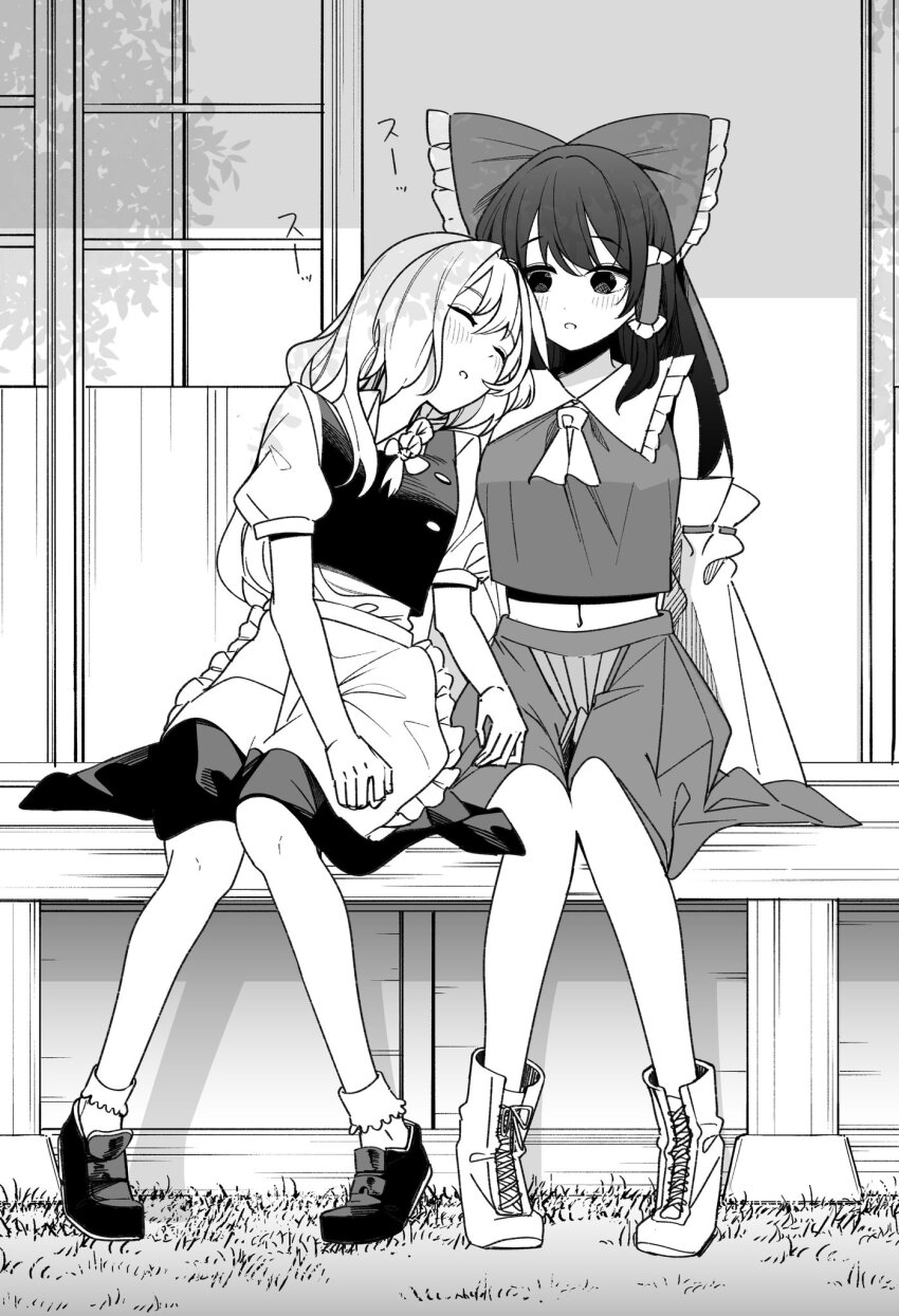 2girls apron ascot blush bobby_socks bow braid breasts closed_eyes commentary_request crop_top detached_sleeves frilled_bow frilled_hair_tubes frills greyscale hair_bow hair_tubes hakurei_reimu highres kirisame_marisa leaning_on_person long_hair midriff monochrome multiple_girls navel no_headwear nodoguro_(phi-tan) open_mouth puffy_short_sleeves puffy_sleeves ribbon-trimmed_sleeves ribbon_trim shoes short_sleeves shouji side_braid single_braid sitting sleeping sliding_doors socks touhou veranda waist_apron