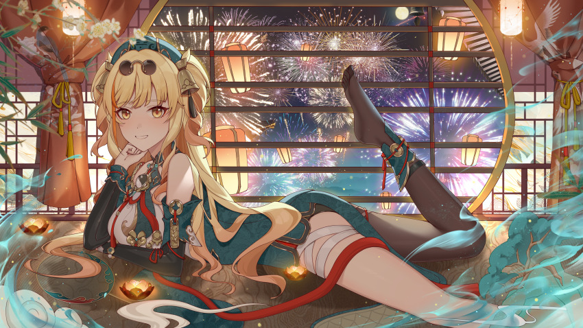 1girl absurdres aerial_fireworks architecture bare_shoulders black_pantyhose blonde_hair breasts chinese_commentary commentary_request detached_sleeves dress east_asian_architecture feet fireworks glasses green_dress green_hat hair_between_eyes hair_spread_out hat head_rest highres honkai_(series) honkai_impact_3rd lantern large_breasts leg_up long_hair looking_at_viewer lying nail_polish night night_sky no_shoes on_stomach pantyhose paper_lantern pince-nez qiuqiuku red_pupils round_eyewear sidelocks single_leg_pantyhose sky smile soles solo songque songque_(jovial_deception:_shadowdimmer) sunglasses toes two_side_up very_long_hair yellow_eyes