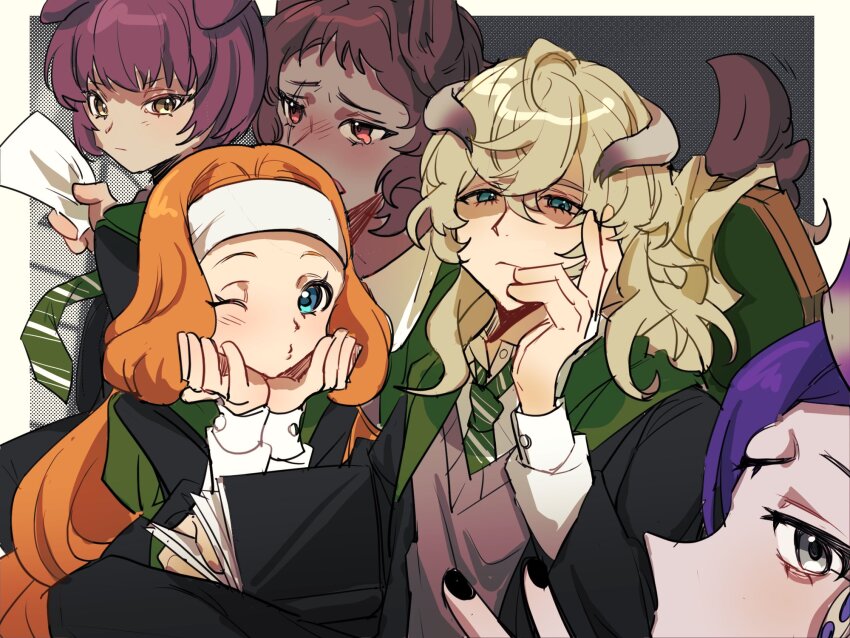 1girl 4boys animal_ears aqua_eyes basilio_(metaphor:_refantazio) black_nails blonde_hair blush book brown_hair dark-skinned_male dark_skin fidelio_(metaphor:_refantazio) green_necktie grey_eyes hair_between_eyes harry_potter_(series) head_rest headband highres hogwarts_school_uniform holding holding_book horns junah_(metaphor:_refantazio) long_hair looking_at_another looking_at_viewer louis_(metaphor:_refantazio) metaphor:_refantazio multiple_boys necktie o3o one_eye_closed orange_hair out_of_frame parody purple_hair qiluge scar scar_across_eye school_uniform shaded_face short_hair slytherin sweater_vest third_eye v white_headband wizarding_world yellow_eyes zorba_(metaphor:_refantazio)