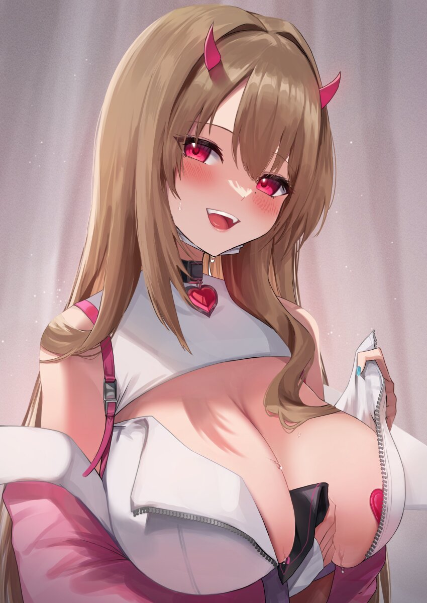 1girl absurdres amane_sora blush breasts brown_hair choker goddess_of_victory:_nikke handkerchief heart heart_pasties highres holding holding_handkerchief horns jacket large_breasts long_hair looking_at_viewer mole mole_under_eye nail_polish open_mouth pasties red_eyes solo sweat teeth unzipped upper_teeth_only viper_(nikke)