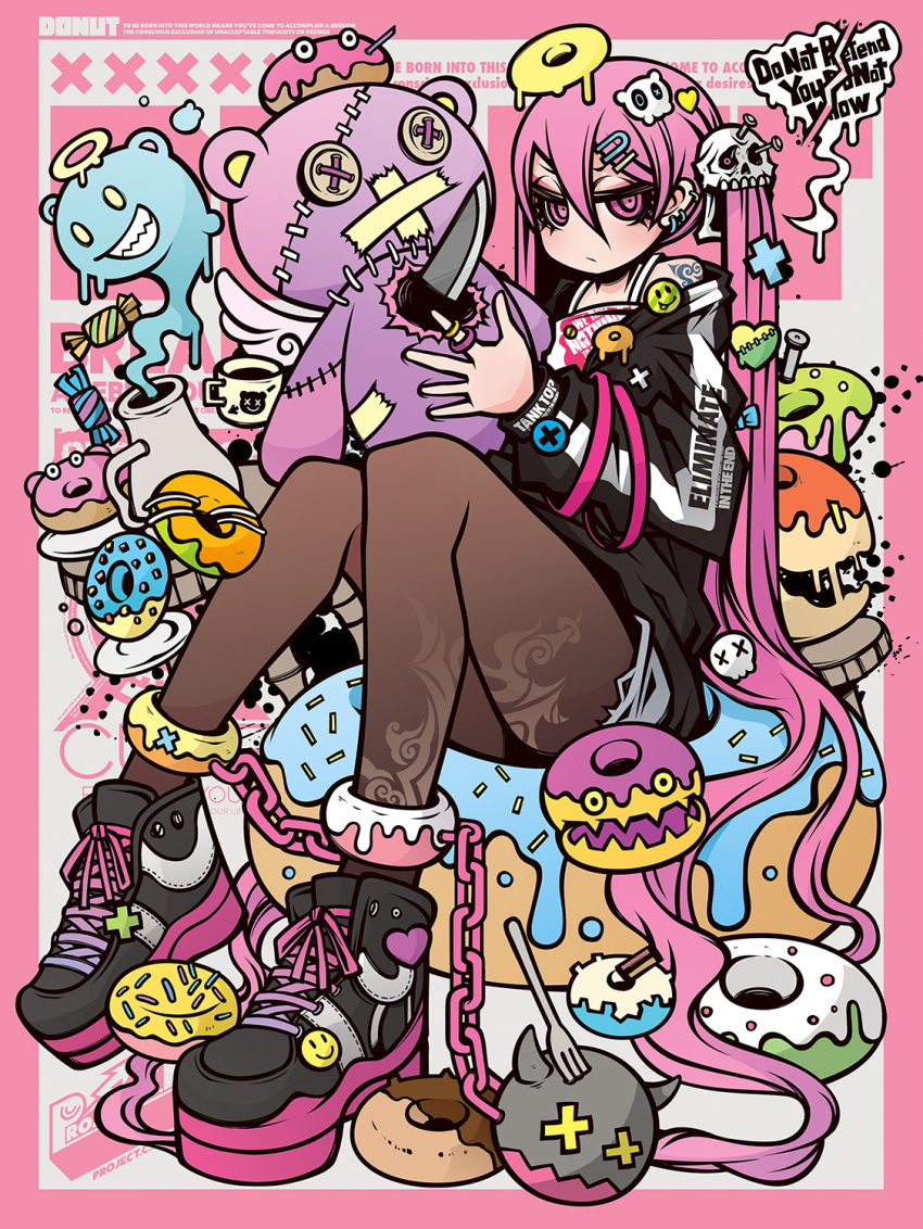 1girl belt_chain bracelet chain decora doughnut english_text engrish_text food frutiger_metro hair_ornament highres jewelry lock original pink_eyes pink_hair profanity project.c.k. punk ranguage skull skull_hair_ornament streetwear tattoo twintails