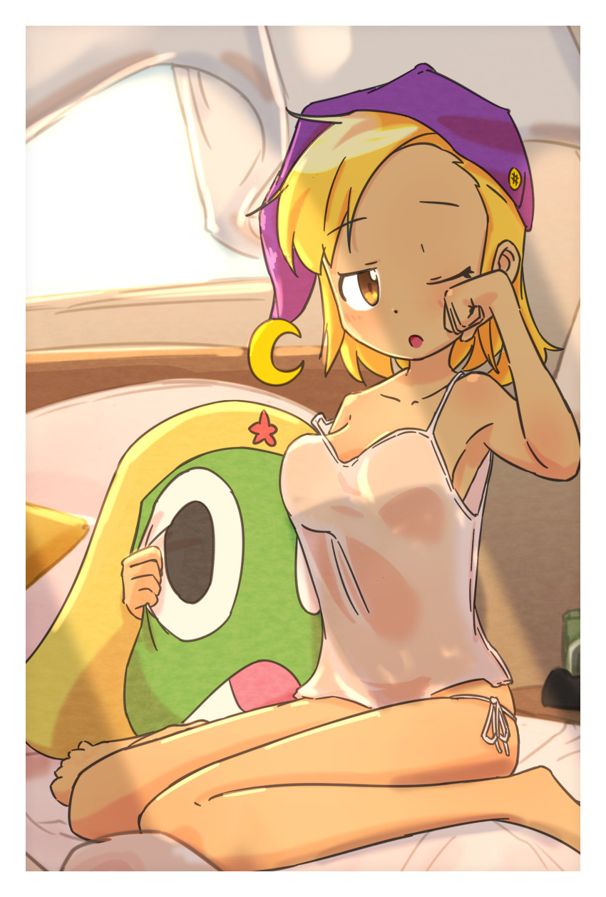 1girl absurdres angol_mois bed blonde_hair brown_eyes dark-skinned_female dark_skin gyaru hair_ornament hair_over_one_eye hairclip highres keroro_gunsou rokochandayo underwear