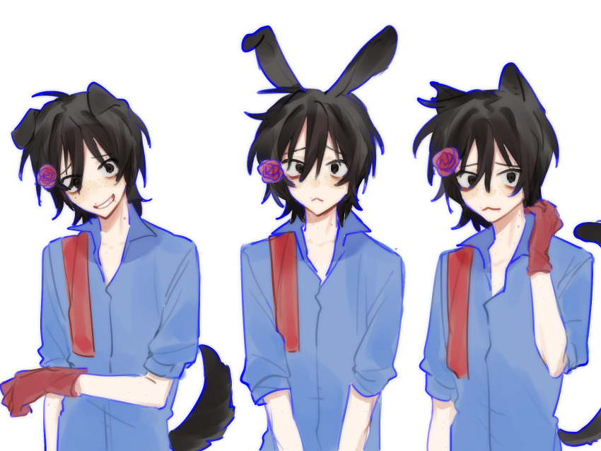 1boy :&lt; animal_ears black_eyes black_hair blue_outline blue_shirt body_freckles cat_boy cat_ears cat_tail chinese_commentary closed_mouth collared_shirt commentary_request dog_boy dog_ears dog_tail flower freckles fu_shun_(touqi_guaitan) gloves hair_between_eyes hair_flower hair_ornament highres junxiu_di_maoyi kemonomimi_mode male_focus multiple_views outline rabbit_boy rabbit_ears red_flower red_gloves shirt short_hair short_sleeves simple_background smile tail touqi_guaitan upper_body white_background