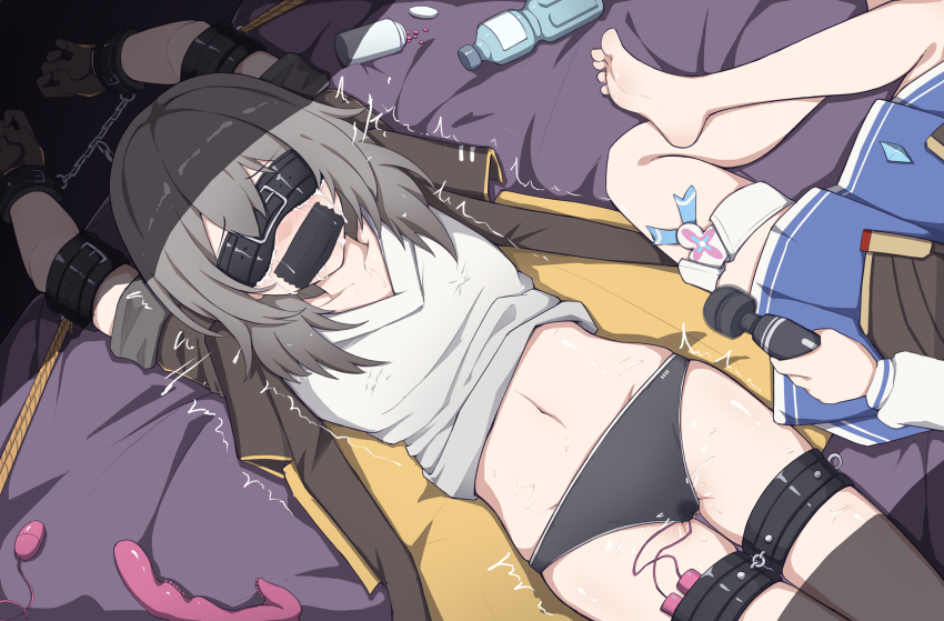 2girls arms_up bdsm bed bed_sheet belly black_panties black_thighhighs blindfold blue_skirt blush bondage bottle bottle_cap bound breasts collarbone crossed_legs crying crying_under_blindfold cuffs drooling drugs duct_tape elbow_cuffs feet female_focus gag gagged grey_hair hair_intakes highres hitachi_magic_wand holding_vibrator honkai:_star_rail honkai_(series) improvised_gag indoors jacket leg_cuffs legs legs_together lying march_7th_(honkai:_star_rail) medium_hair molestation motion_lines multiple_girls navel on_back panties pill pill_bottle pleated_skirt purple_sheet restrained rope saliva saliva_trail sex sex_toy shadow skindentation skirt small_breasts soles stelle_(honkai:_star_rail) tape tape_gag tears thigh_strap thighhighs thighs trailblazer_(honkai:_star_rail) underwear vibrator vibrator_cord vibrator_in_thigh_strap vibrator_under_clothes vibrator_under_panties water_bottle xiao_chai_hu