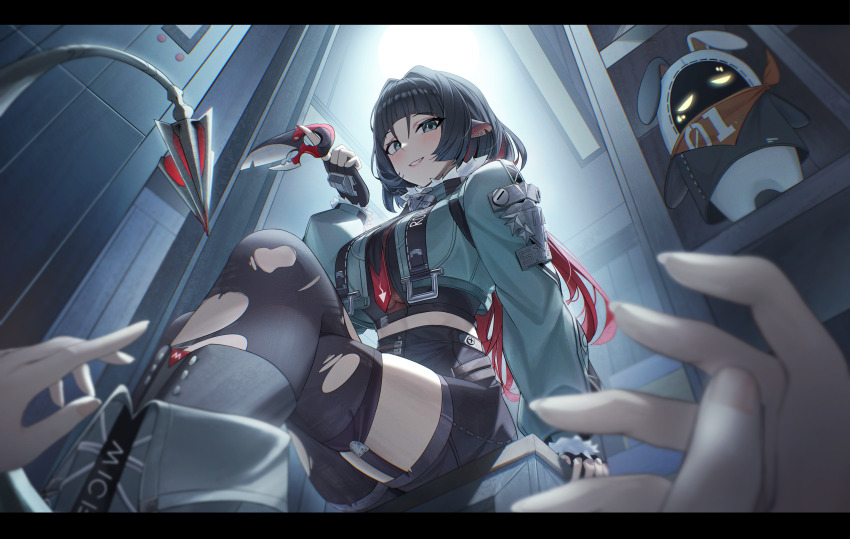 1girl absurdres animal_ears aqua_jacket arch_a4 bangboo_(zenless_zone_zero) black_gloves black_hair black_pantyhose black_shorts black_thighhighs breasts commentary crop_top crossed_legs eous_(zenless_zone_zero) fingerless_gloves from_below fur-trimmed_jacket fur_trim gloves highleg_shorts highres holding holding_weapon jacket jane_doe_(zenless_zone_zero) large_breasts letterboxed long_hair mouse_ears mouse_girl mouse_tail multicolored_hair necktie pantyhose parted_lips red_eyes red_necktie shorts single_leg_pantyhose single_thighhigh smile tail teeth thighhighs thighs torn_clothes torn_pantyhose torn_thighhighs two-tone_hair weapon zenless_zone_zero