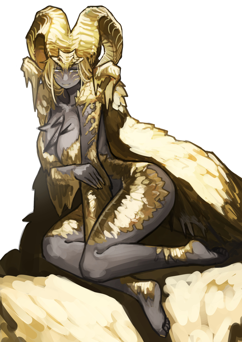 1girl absurdres blonde_hair breasts cape cleavage colored_skin dragon_girl dragon_horns gold_horns grey_skin highres horns kulve_taroth miao_jiangyou monster_girl monster_hunter_(series) personification