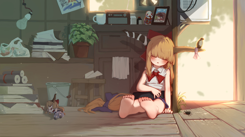 1girl absurdres barefoot brown_hair bucket bug coffee_mug cup highres horns ibuki_suika indoors light_bulb long_hair mug notebook plant potted_plant radio rangque_(user_vjjs4748) shirt sitting sleeping sleeping_upright soles solo stool sunlight torn_clothes torn_sleeves touhou very_long_hair white_shirt