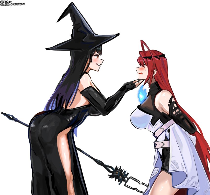 2girls absurdres ahoge alternate_costume black_hair blaparky blue_fire blue_hair colored_inner_hair dress elbow_gloves elizabeth_rose_bloodflame elizabeth_rose_bloodflame_(1st_costume) fire gloves grabbing_another&#039;s_chin hand_on_another&#039;s_chin hat highres hololive hololive_english huge_ahoge long_hair multicolored_hair multiple_girls nerissa_ravencroft red_hair side_slit staff streaked_hair very_long_hair virtual_youtuber white_background witch witch_hat