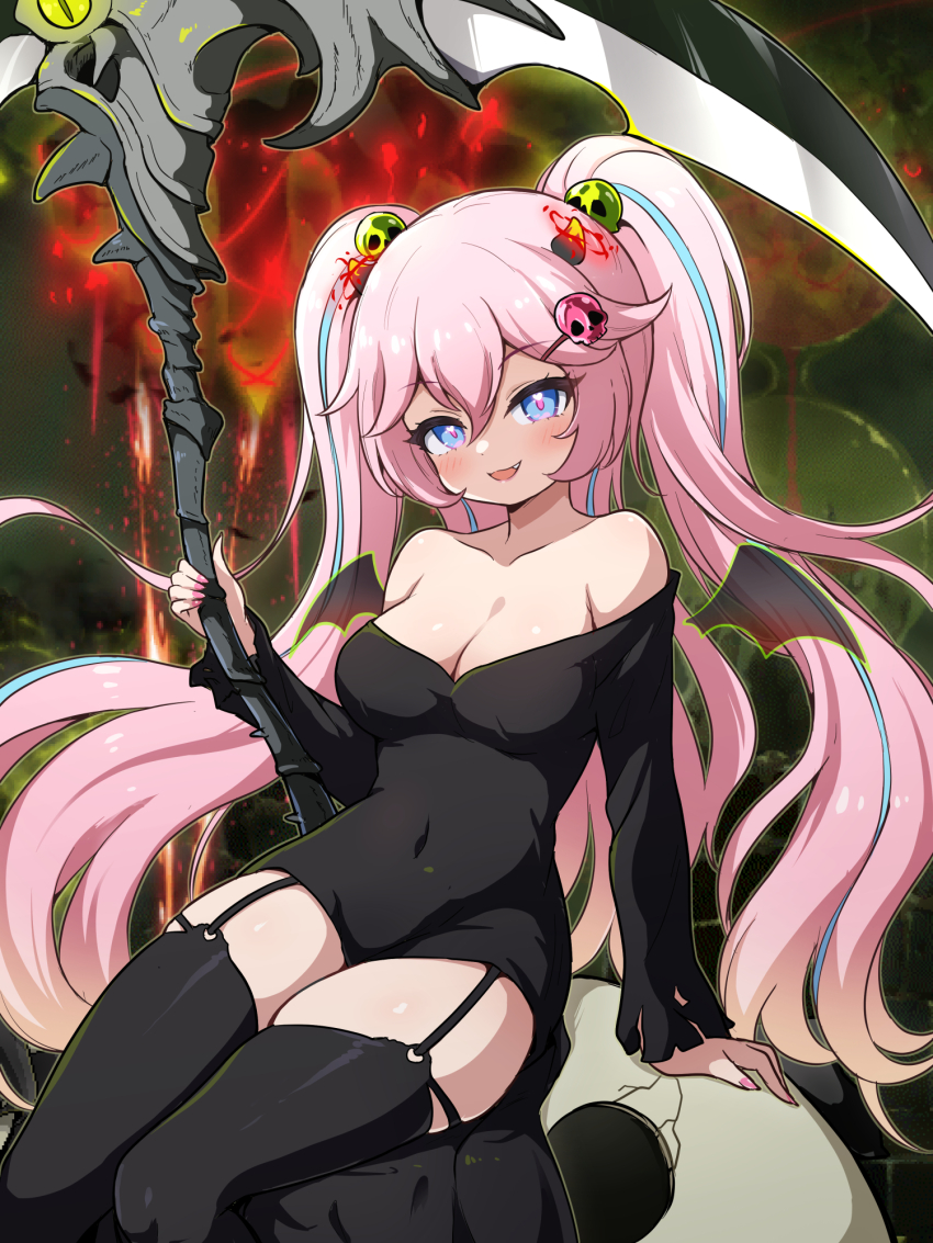 1girl :d angelic_buster black_shirt black_thighhighs blue_eyes blue_hair blush breasts cleavage commentary_request covered_navel fang garter_straps hair_between_eyes hair_ornament hairclip highres holding holding_scythe horns long_hair long_sleeves looking_at_viewer maplestory medium_breasts multicolored_hair nekono_rin off-shoulder_shirt off_shoulder open_mouth pink_hair scythe shirt skull_hair_ornament sleeves_past_wrists smile solo streaked_hair thighhighs twintails very_long_hair