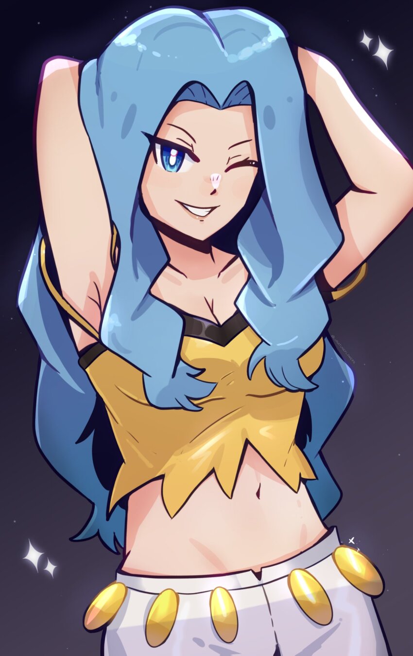 1girl arms_behind_head bare_arms bare_shoulders blue_eyes blue_hair breasts camisole capri_pants cleavage collarbone creatures_(company) crop_top game_freak grin highres karen_(pokemon) large_breasts light_blue_hair long_hair lunatuneflowers medium_breasts midriff nintendo one_eye_closed pants parted_bangs pokemon pokemon_hgss smile spaghetti_strap upper_body wavy_hair white_pants yellow_camisole