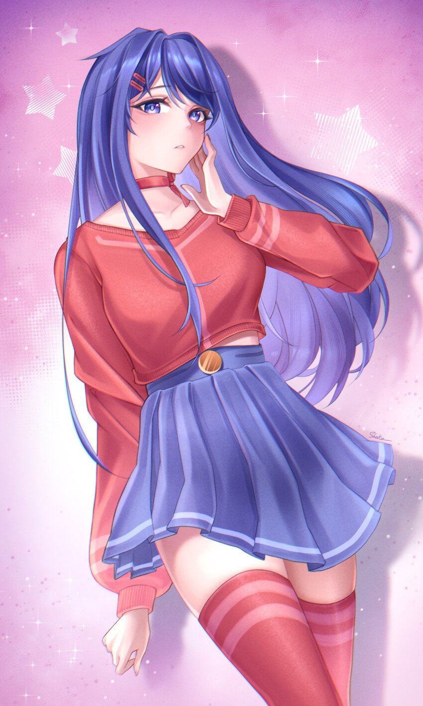 1girl absurdres blue_eyes blue_hair blue_skirt breasts collarbone highres kind_mita_(miside) long_hair long_sleeves looking_at_viewer medium_breasts miside mita_(miside) pleated_skirt puffy_long_sleeves puffy_sleeves sheltz skirt solo star_(symbol) sweater thighhighs very_long_hair zettai_ryouiki