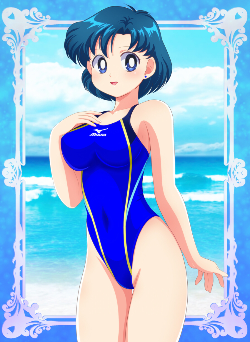 1girl beach bishoujo_senshi_sailor_moon blue_eyes blue_one-piece_swimsuit blue_sky breasts cloud commentary_request competition_swimsuit covered_navel cowboy_shot hand_on_own_chest highleg highleg_one-piece_swimsuit highres horizon large_breasts looking_at_viewer mizuno_(brand) mizuno_ami multicolored_clothes multicolored_swimsuit name_connection object_namesake ocean one-piece_swimsuit pirochi short_hair sky smile solo swimsuit