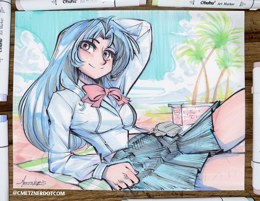 1girl arm_above_head art_tools_in_frame blue_hair blue_skirt bow bowtie chidori_kaname chris_metzner cloud cloudy_sky full_metal_panic! highres jindai_high_school_uniform knee_up long_hair looking_at_viewer marker_(medium) outdoors palm_tree pleated_skirt red_bow red_bowtie school_uniform shirt signature skirt sky smile solo traditional_media tree white_shirt