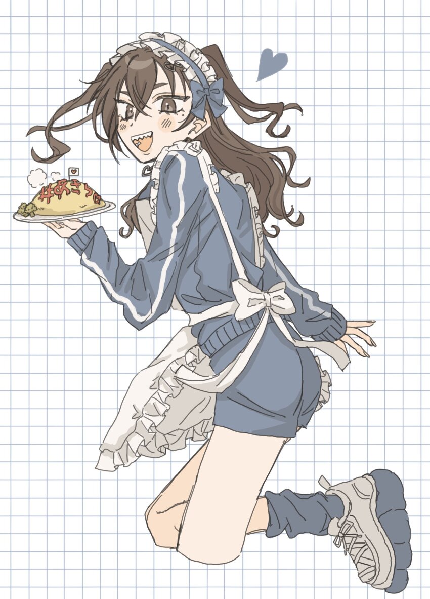 1girl absurdres apron blue_shorts blue_socks blush brown_eyes brown_hair cropped_legs food frilled_hairband frills grid_background hair_between_eyes hairband hamuchosu heart highres holding holding_plate idolmaster idolmaster_cinderella_girls jacket jersey_maid long_hair long_sleeves looking_at_viewer looking_to_the_side maid maid_apron mole mole_under_eye omelet omurice open_mouth plate sharp_teeth shoes short_shorts shorts socks solo steam sunazuka_akira teeth track_jacket two_side_up unconventional_maid white_footwear