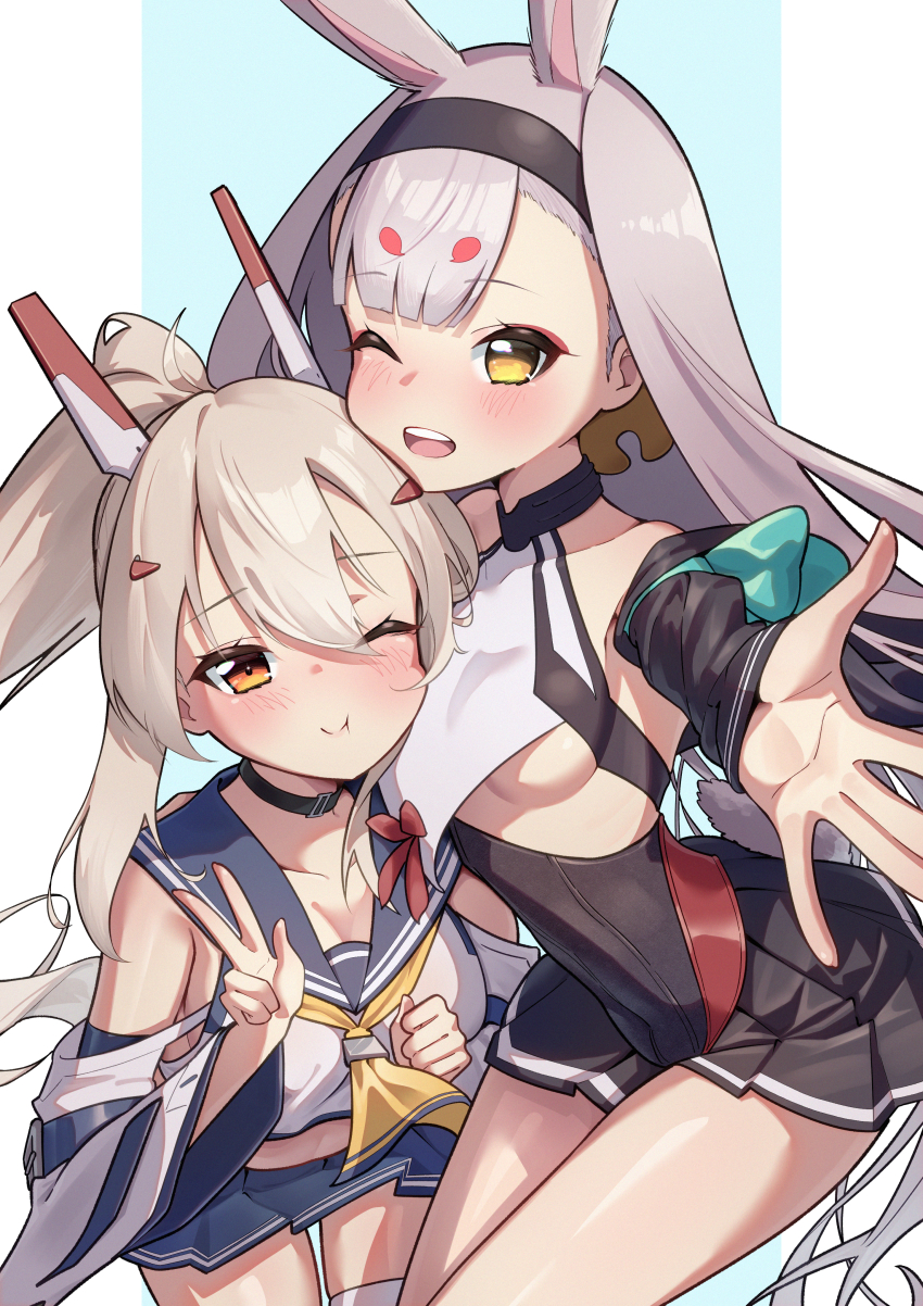 2girls absurdres animal_ears ascot ayanami_(azur_lane) ayanami_(retrofit)_(azur_lane) azur_lane bikini bikini_bottom_only bikini_over_clothes black_hairband blue_sailor_collar blue_skirt breast_curtain chin_rest choker crop_top detached_sleeves hair_between_eyes hairband head_on_chest head_on_head head_rest headgear high_ponytail highres hikimayu light_brown_hair long_hair marimo_daifuku midriff multiple_girls neckerchief one_eye_closed orange_eyes outstretched_arm panties pleated_skirt ponytail rabbit_ears rabbit_girl red_panties sailor_collar shimakaze_(azur_lane) skirt smile swimsuit thighhighs underwear very_long_hair white_thighhighs wide_sleeves yellow_ascot yellow_eyes yellow_neckerchief