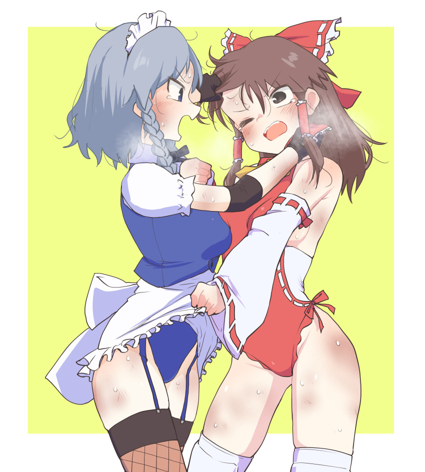 2girls absurdres blue_leotard hakurei_reimu highres izayoi_sakuya leotard multiple_girls pro_wrestling red_leotard touhou