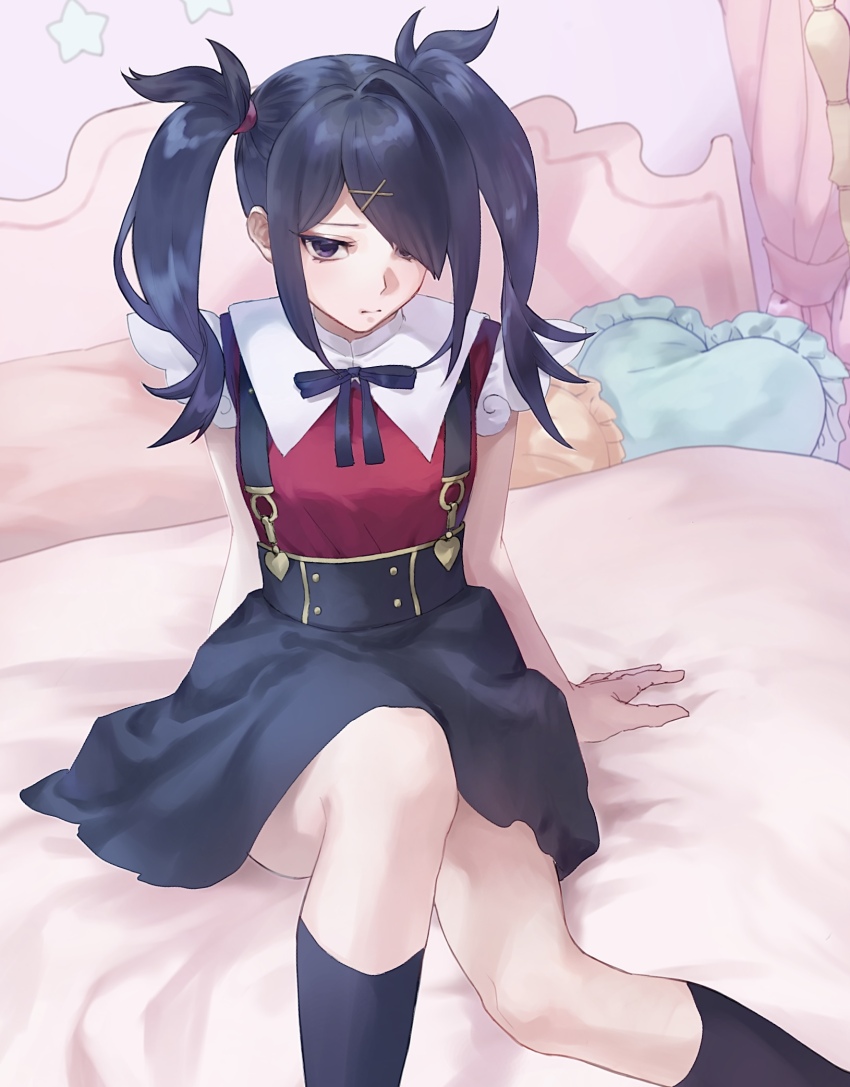 1girl ame-chan_(needy_girl_overdose) bed black_hair black_ribbon black_skirt black_socks closed_mouth collar collared_shirt commentary hair_ornament hair_over_one_eye hair_tie hairclip heart heart-shaped_pillow highres indoors long_hair neck_ribbon needy_girl_overdose on_bed pillow purple_eyes red_shirt ribbon shirt shirt_tucked_in sitting skirt socks solo suspender_skirt suspenders tonabe twintails white_collar x_hair_ornament