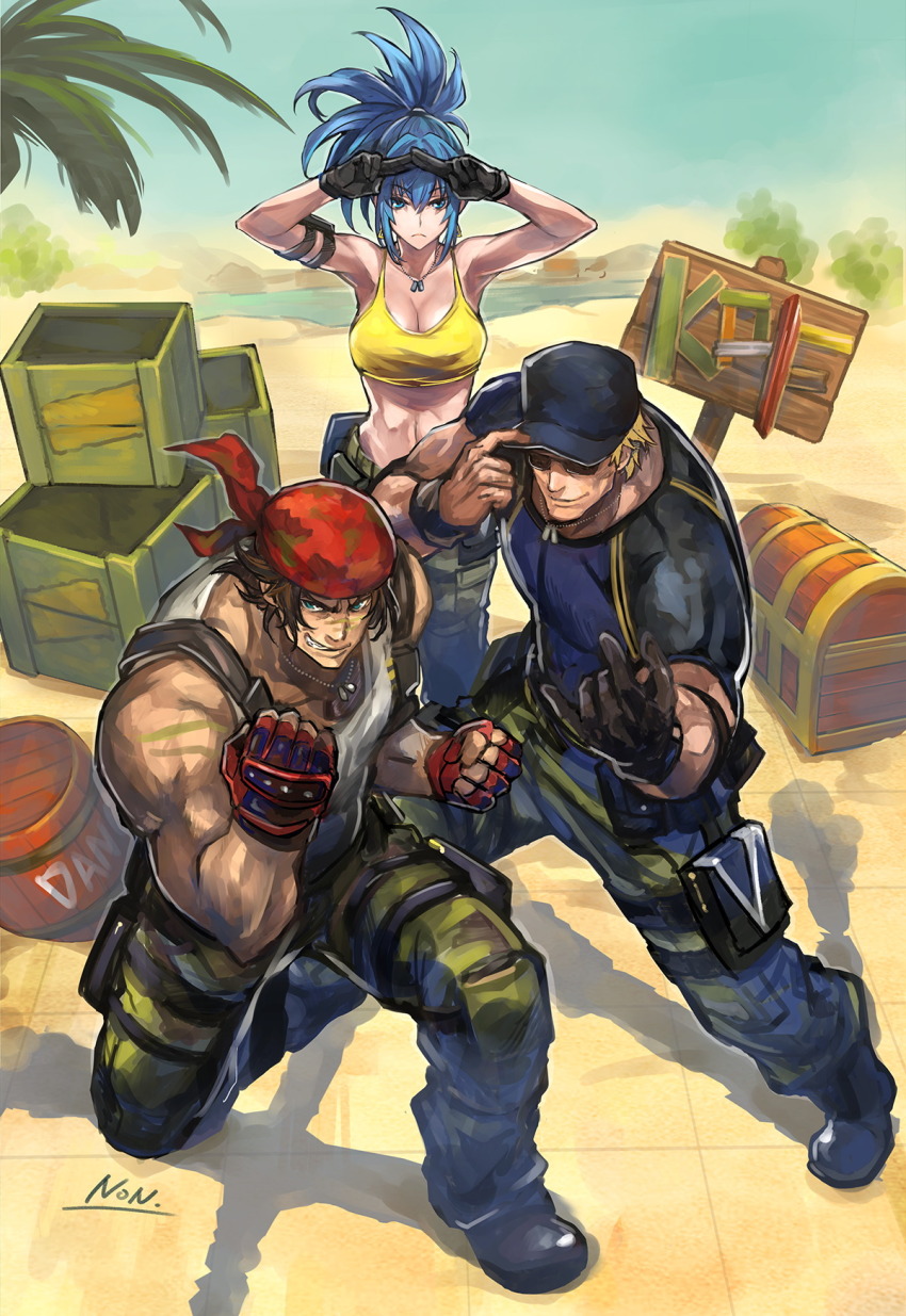 1girl 2boys armlet bandana bare_shoulders baseball_cap black_hair blonde_hair blue_eyes blue_hair breasts camouflage camouflage_pants clark_still commentary_request crop_top desert dog_tags dynamite earrings explosive fingerless_gloves gloves hat highres ikari_warriors jewelry kujou_non large_breasts leona_heidern military military_uniform multicolored_clothes multicolored_shirt multiple_boys muscular muscular_male palm_tree pants ralf_jones revision shirt shoes sign signature sleeveless snk stage sunglasses tank_top the_king_of_fighters the_king_of_fighters_xv treasure_chest tree white_shirt wooden_box yellow_tank_top