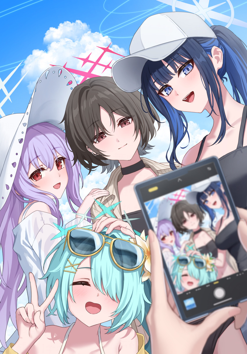 1other 4girls absurdres aqua_hair arius_squad_(blue_archive) atsuko_(blue_archive) atsuko_(swimsuit)_(blue_archive) baseball_cap bikini black_bikini black_camisole black_choker blue_archive blue_eyes blue_hair blue_sky blurry breasts brown_eyes brown_hair camisole cellphone choker closed_eyes closed_mouth cloud colored_inner_hair commentary_request ear_piercing eyewear_on_head facing_viewer flower hair_flower hair_ornament hair_over_one_eye halo hand_on_another&#039;s_shoulder hat highres hiyori_(blue_archive) hiyori_(swimsuit)_(blue_archive) holding holding_phone large_breasts long_hair looking_at_viewer misaki_(blue_archive) misaki_(swimsuit)_(blue_archive) multicolored_hair multiple_girls official_alternate_costume one_eye_covered open_mouth outdoors phone piercing pinstripe_pattern pinstripe_shirt ponytail purple_hair red_eyes red_halo saori_(blue_archive) saori_(swimsuit)_(blue_archive) shirt short_hair side_ponytail sidelocks simoumi_217 sky smartphone smile streaked_hair striped_clothes striped_shirt sun_hat sunglasses swimsuit taking_picture v vertical-striped_clothes vertical-striped_shirt white_bikini white_hat