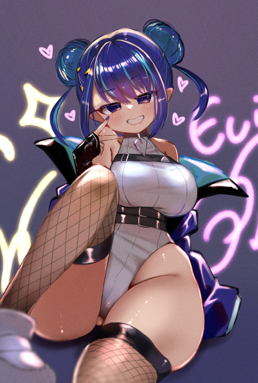 1girl blue_hair blush chest_belt coat double_bun duel_monster elbow_gloves evil_twin_lil-la fingerless_gloves fishnet_thighhighs fishnets foreshortening gloves grin hair_bun heart highres leotard lil-la_(yu-gi-oh!) looking_at_viewer nail_polish off_shoulder purple_eyes purple_nails sitting smile solo thick_thighs thighhighs thighs v yaibaken yu-gi-oh!