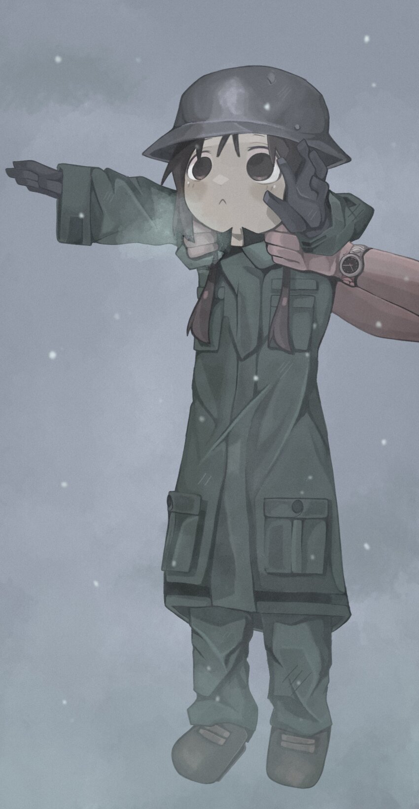 1girl 1other absurdres black_eyes black_gloves black_hair boots brodie_helmet brown_footwear buttons carrying carrying_person chito_(shoujo_shuumatsu_ryokou) closed_mouth cloud cloudy_sky coat combat_helmet confused full_body gloves green_coat grey_background helmet highres holding light_blush long_hair long_sleeves longcat_(meme) meme military_coat military_uniform naaga_sonomono open_hands out_of_frame outstretched_arms oversized_clothes pocket raised_eyebrows shoes shoujo_shuumatsu_ryokou sky snow snowing twintails watch wide_sleeves winter winter_clothes wristwatch