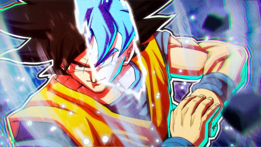 1boy black_hair black_outline blue_background blue_hair blue_sash blue_shirt clenched_hand closed_mouth commentary curtained_hair debris dragon_ball dragon_ball:_sparking! dragon_ball_super english_commentary floating floating_object from_above highres light_particles looking_at_viewer looking_up loose_hair_strand male_focus medium_hair muscular muscular_male nose orange_vest outline sash shirt short_sleeves smirk solo son_goku spiked_hair super_saiyan super_saiyan_blue upper_body v-shaped_eyebrows vest white_outline wind zerooart