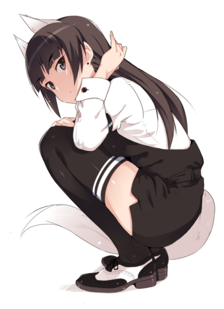 1girl anabuki_tomoko animal_ears black_eyes black_thighhighs brown_hair earrings em_(totsuzen_no_hakike) female_focus full_body highres jewelry long_hair saddle_shoes shoes solo squatting strike_witches strike_witches:_suomus_misfits_squadron tail thighhighs white_background world_witches_series