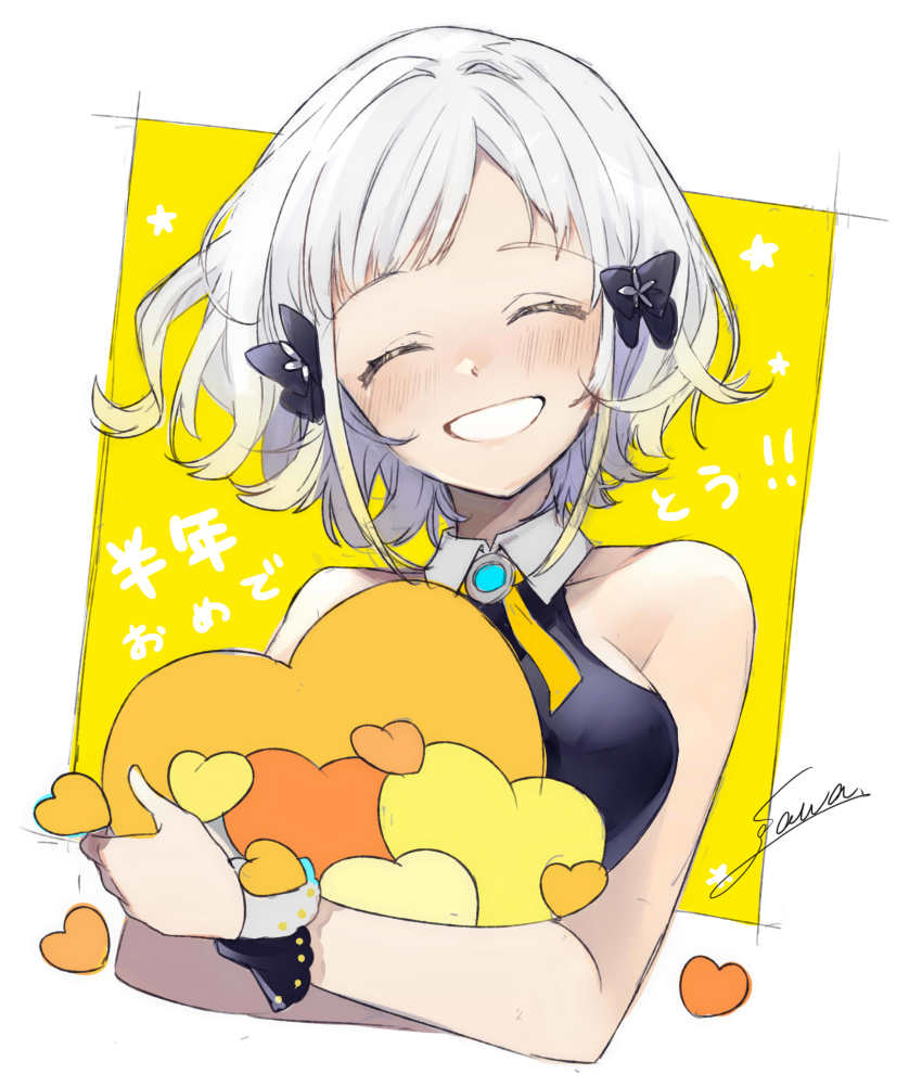 :d absurdres bare_shoulders black_bow black_shirt bow breasts closed_eyes collared_shirt facing_viewer flower hair_bow hair_flower hair_ornament happy head_tilt heart highres holding large_breasts open_mouth shirt signature sleeveless sleeveless_shirt smile sogawa solo virtual_youtuber white_hair wing_collar yellow_background yuzuha_(channel) yuzuha_(vtuber)