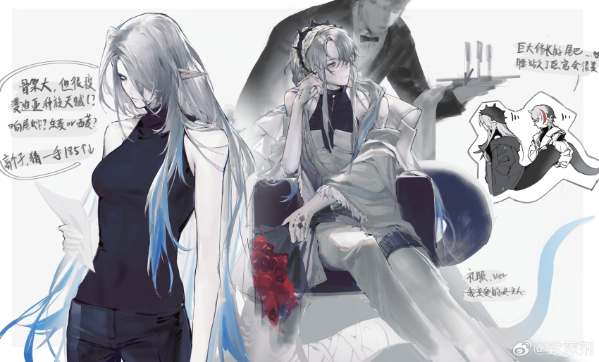 1boy 1girl absurdres arknights black_coat coat elysium_(arknights) highres long_hair mantra_(arknights) multicolored_hair old old_woman skolly snake snake_girl snake_tail streaked_hair tail white_coat white_hair