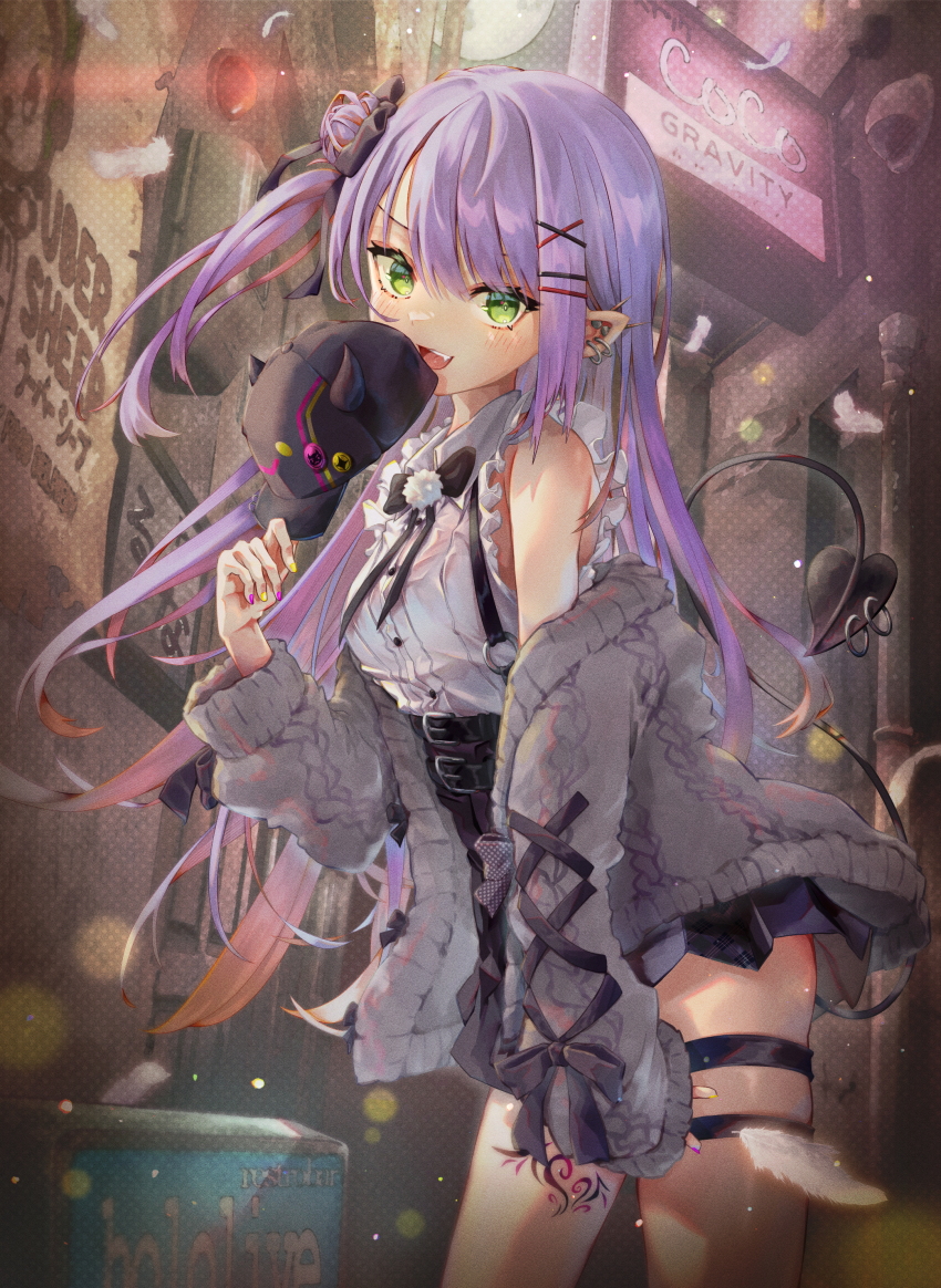 1girl :d absurdres annmitsu114 baseball_cap bibi_(tokoyami_towa) black_hat black_ribbon black_skirt blush building cardigan collared_shirt demon_tail ear_piercing green_eyes grey_cardigan hair_bun hair_ornament hair_ribbon hat high-waist_skirt highres holding holding_unworn_clothes holding_hat holding_unworn_clothes hololive leaning_forward leg_tattoo long_hair long_sleeves looking_at_viewer multicolored_nails nail_polish off_shoulder one_side_up open_cardigan open_clothes open_mouth outdoors piercing purple_hair purple_nails ribbon shirt single_side_bun skirt sleeveless sleeveless_shirt smile solo standing suspender_skirt suspenders tail tail_ornament tail_piercing taric tattoo thigh_strap tokoyami_towa unworn_hat unworn_headwear very_long_hair virtual_youtuber white_shirt x_hair_ornament yellow_nails