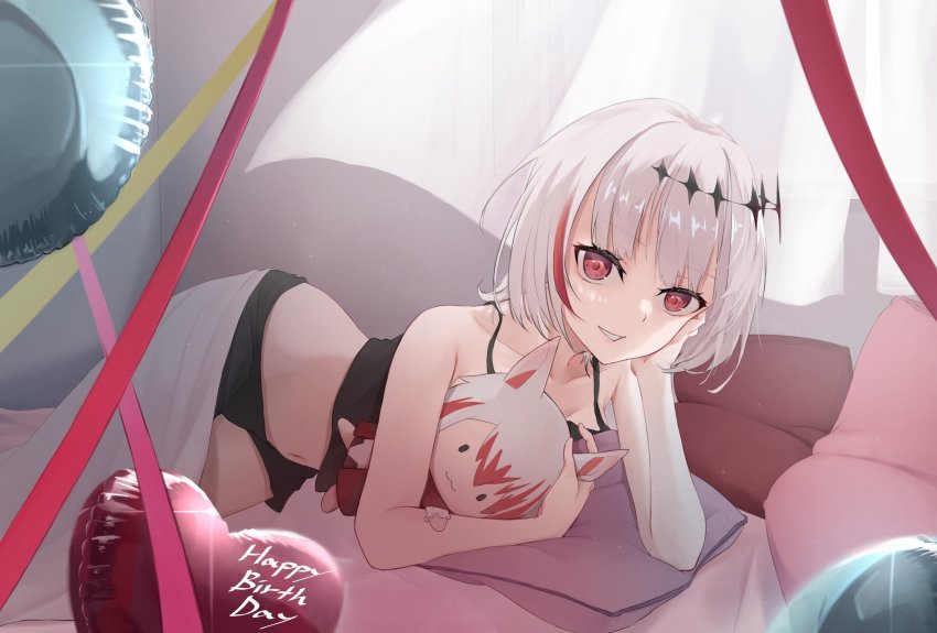 balloon dtto. happy_birthday heart_balloon highres on_bed q10u red_eyes scarz sleepwear syusetu_kohaku utaite vee_(vtuber) virtual_youtuber white_hair