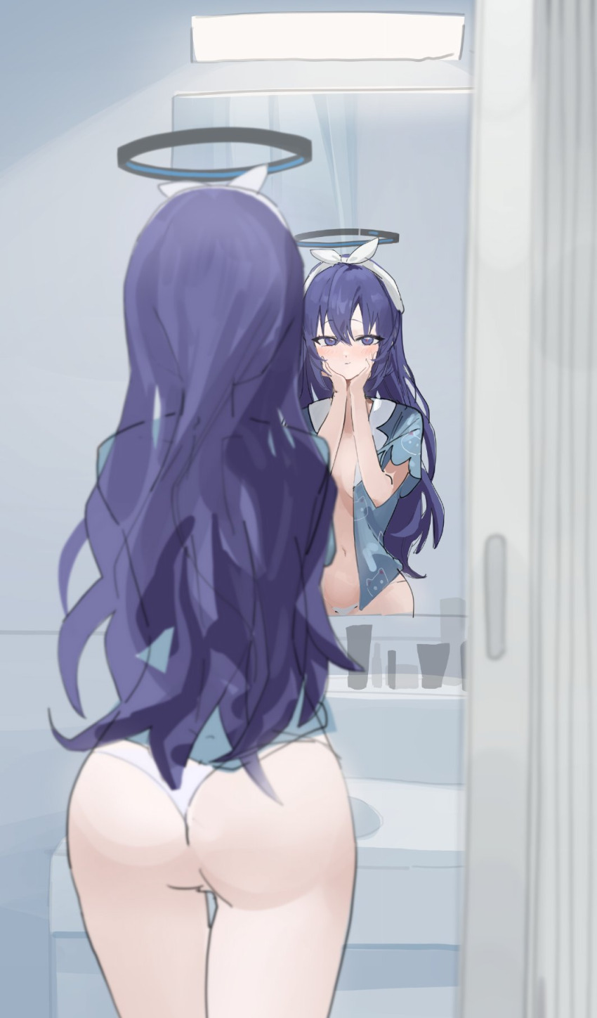 1girl bare_legs blue_archive blue_shirt blush closed_mouth from_behind hair_between_eyes hair_ribbon hairband hands_on_own_face highres long_hair no_bra open_clothes open_shirt panties purple_eyes purple_hair renn_01 ribbon shirt sidelocks underwear white_hairband white_panties white_ribbon yuuka_(blue_archive) yuuka_(pajamas)_(blue_archive)