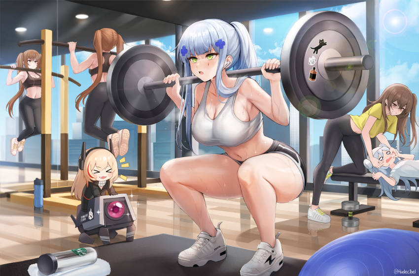 404_(girls&#039;_frontline) 5girls :o beruko14 black_pants black_shorts blue_eyes bottle breasts brown_hair cleavage dinergate_(girls&#039;_frontline) exercising full_body g11_(girls&#039;_frontline) girls&#039;_frontline green_eyes gym gym_shirt gym_shorts gym_uniform hair_between_eyes hair_ornament highres hk416_(girls&#039;_frontline) indoors long_hair m4_sopmod_ii_jr mirror multiple_girls open_mouth pants ponytail scar scar_across_eye scar_on_face shirt shoes short_sleeves shorts side_ponytail sketch sleeveless sneakers sports_bra sportswear squatting sweat sweatpants tattoo twintails ump45_(girls&#039;_frontline) ump9_(girls&#039;_frontline) unfinished water_bottle weightlifting white_footwear white_hair white_shirt