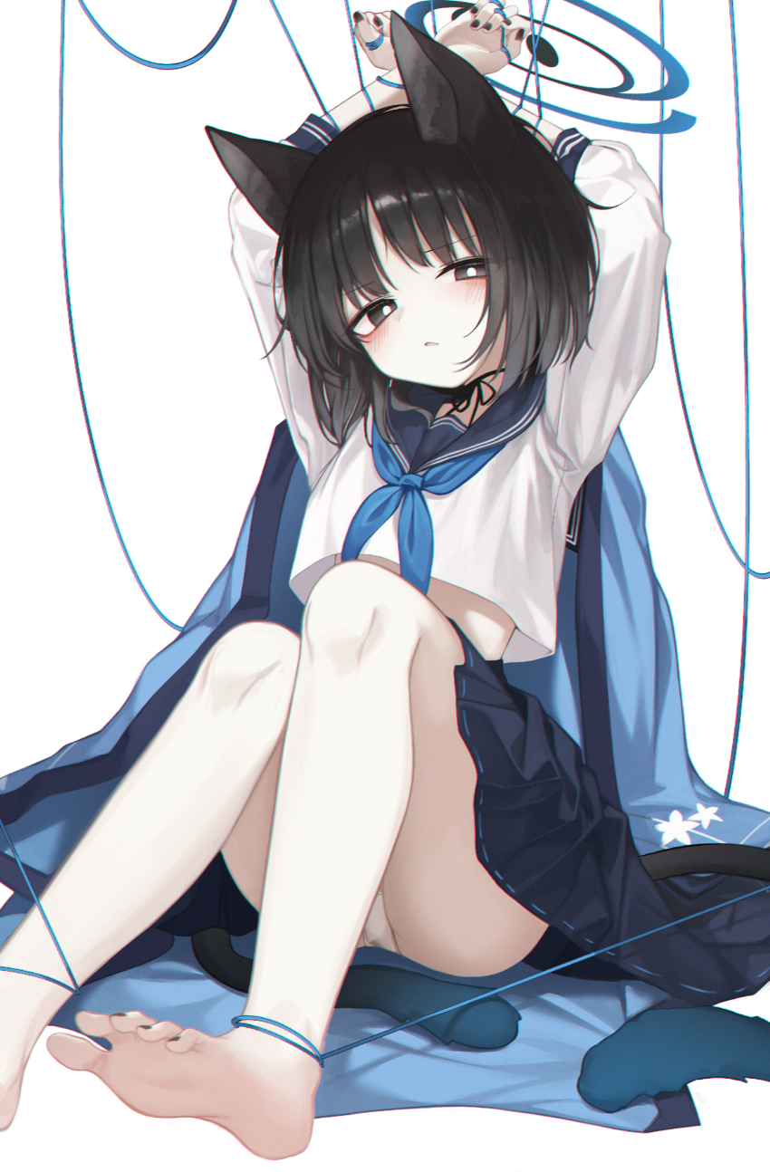 1girl absurdres animal_ears ass barefoot black_eyes black_hair black_nails black_sailor_collar black_skirt blue_archive blue_halo blue_neckerchief blush cat_ears cat_tail fingernails halo highres karou_(lhscck302) kikyou_(blue_archive) long_sleeves looking_at_viewer multiple_tails nail_polish neckerchief open_mouth panties pleated_skirt sailor_collar school_uniform serafuku short_hair simple_background skirt solo tail toes two_tails underwear white_background white_panties