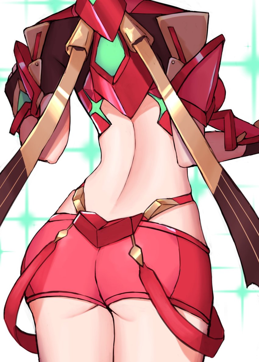 1girl absurdres ass ass_focus fingerless_gloves from_behind gimme2000 gloves head_out_of_frame highres pyra_(xenoblade) red_shorts scarf shiny_clothes shiny_skin short_shorts shorts solo suspenders xenoblade_chronicles_(series) xenoblade_chronicles_2