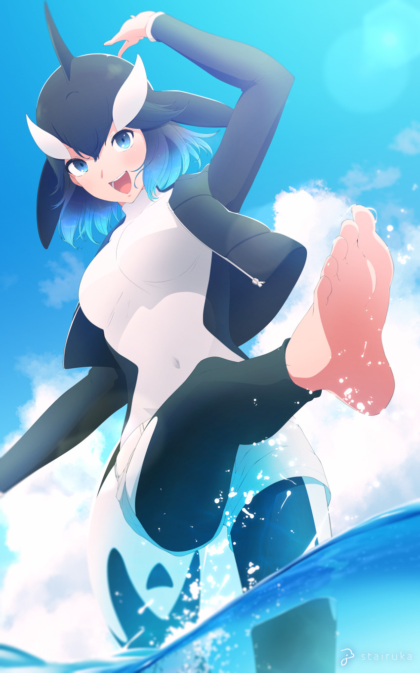 1girl absurdres arm_up barefoot black_hair black_vest blowhole blue_eyes blue_hair blue_sky bodysuit bodysuit_under_clothes breasts cetacean_tail covered_navel day dolphin_girl dorsal_fin fins fish_tail gradient_hair hair_between_eyes hair_ornament head_fins highres kemono_friends killer_whale_(kemono_friends)_(stylecase) large_breasts leg_up long_sleeves looking_at_viewer medium_hair multicolored_hair open_clothes open_mouth open_vest orca_girl original outdoors outstretched_leg short_shorts shorts sky smile soles solo splashing standing standing_on_one_leg stylecase sunlight tail toes twisted_torso vest wading water white_shorts