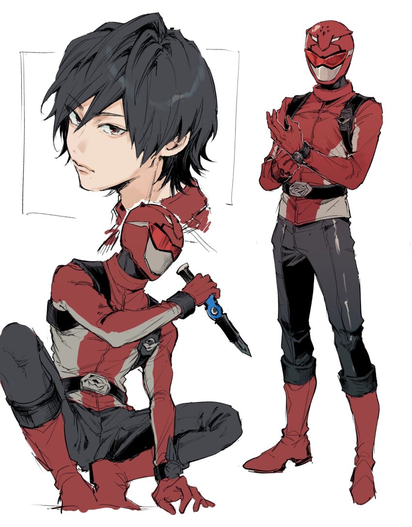 1boy armor black_eyes black_hair black_pants boots gloves helmet highres holding holding_knife ichiya1115 knife long_sleeves male_focus pants red_buster red_helmet red_visor sakurada_hiromu tokusatsu solo super_sentai tokumei_sentai_go-busters tokusatsu