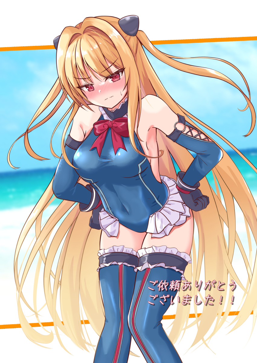 1girl bare_shoulders black_gloves blonde_hair blue_leotard blue_thighhighs blush bow bowtie breasts closed_mouth commentary_request commission cosplay covered_navel dead_or_alive detached_sleeves embarrassed eyes_visible_through_hair feet_out_of_frame floating_hair frilled_leotard frilled_thighhighs frills gloves hair_between_eyes hair_intakes hands_on_own_hips highres konjiki_no_yami leaning_forward leotard long_hair looking_at_viewer marie_rose marie_rose_(cosplay) marie_rose_(devilish_servant_against_the_splashing_waves) medium_breasts nose_blush red_bow red_bowtie red_eyes sidelocks simple_background skeb_commission solo split_mouth standing straight_hair sweatdrop thighhighs thighs to_love-ru tsurime two_side_up v-shaped_eyebrows very_long_hair wavy_mouth yasutarou