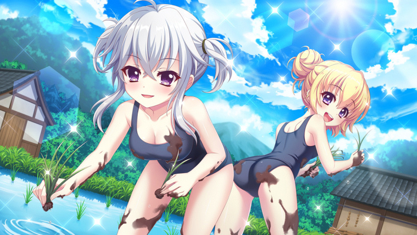 2girls ahoge alternate_hairstyle architecture ass bent_over blonde_hair blue_one-piece_swimsuit blue_sky breasts cleavage cloud cloudy_sky collarbone day dirty dot_nose dutch_angle east_asian_architecture film_grain game_cg grey_hair hair_bun hair_up hasegawa_mii holding ichijou_ruka izumi_tsubasu leaning_forward lens_flare looking_at_viewer looking_back medium_breasts mud multiple_girls non-circular_lens_flare non-web_source official_art one-piece_swimsuit open_mouth outdoors purple_eyes re:stage! rice_paddy rice_planting school_swimsuit short_hair short_hair_with_long_locks single_hair_bun sky small_breasts smile sparkle sparkling_eyes sun swimsuit teeth two_side_up upper_teeth_only wading