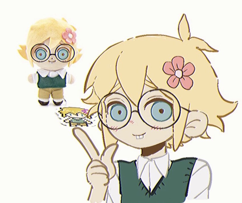 1boy basil_(faraway)_(omori) basil_(omori) bespectacled black-framed_eyewear blonde_hair blue_eyes blush buck_teeth character_doll closed_mouth collared_shirt flower glasses green_sweater_vest hair_flower hair_ornament index_finger_raised looking_at_viewer male_focus omori round_eyewear shirt short_hair short_sleeves simple_background smile solo stuffed_toy sweater_vest tate_ware_anal teeth white_background white_shirt