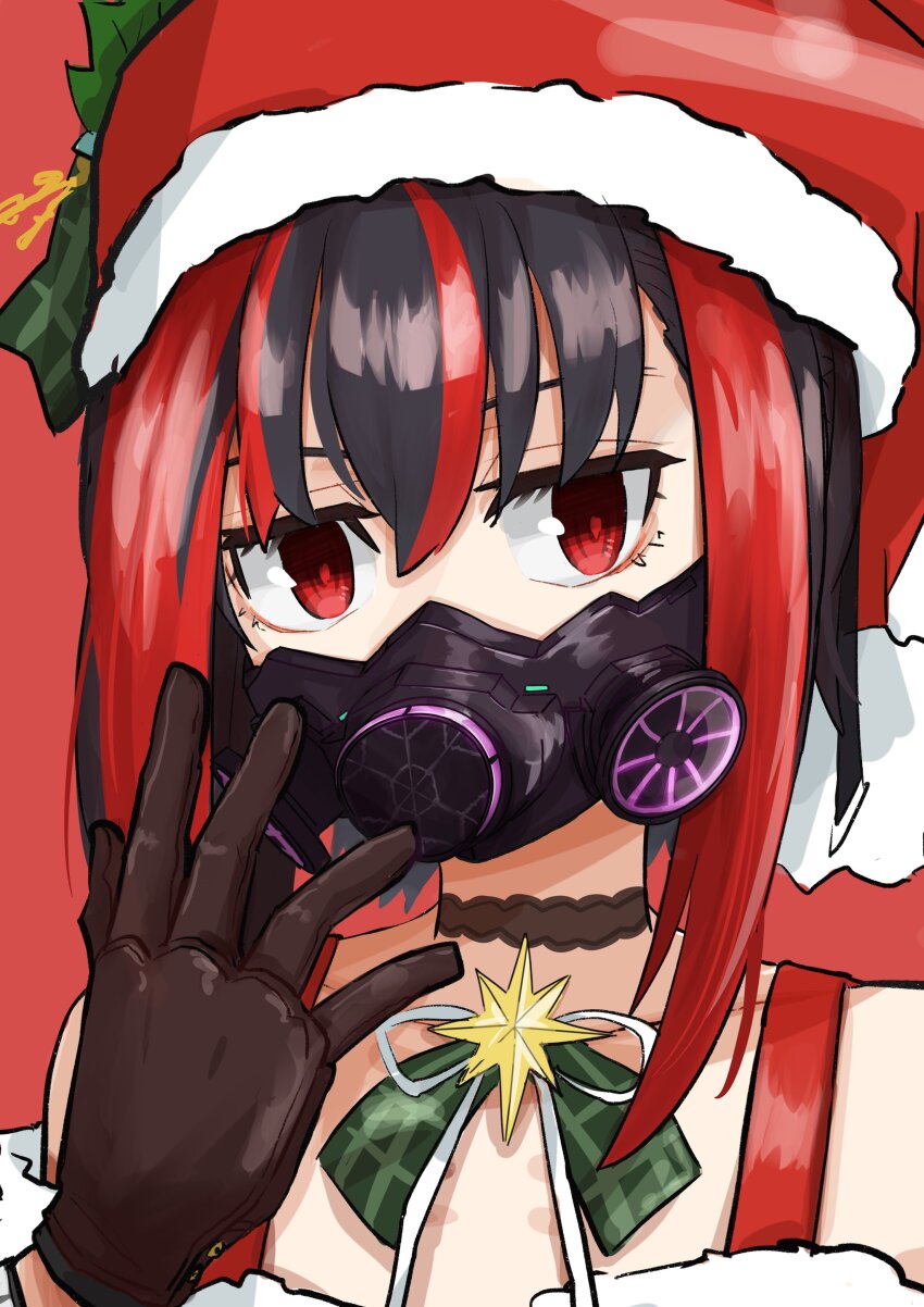 absurdres black_gloves black_hair choker christmas dress fur-trimmed_dress fur-trimmed_headwear fur_trim gas_mask gloves hat heaven_burns_red highres mask masumidashirasu mikoto_fubuki multicolored_hair off-shoulder_shirt off_shoulder red_hair santa_costume santa_hat shirt short_hair sidelocks streaked_hair