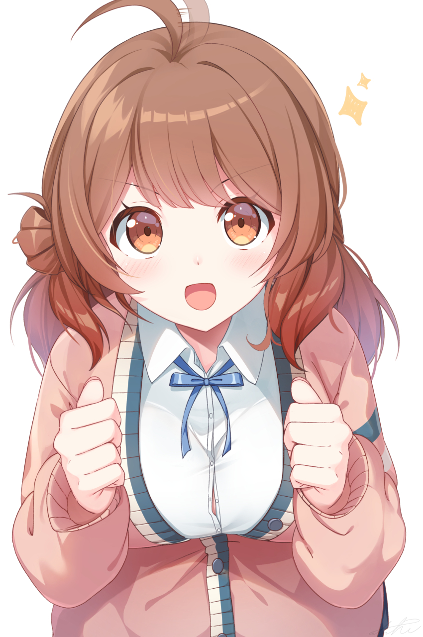 1girl ahoge bananatsukis blue_ribbon blush breasts brown_hair cardigan clenched_hands dot_nose gakuen_idolmaster hair_bun hanami_ume hands_up hatsuboshi_gakuen_school_uniform highres idolmaster large_breasts long_sleeves looking_at_viewer neck_ribbon open_mouth pink_cardigan ribbon school_uniform shirt simple_background single_side_bun smile solo sparkle upper_body v-shaped_eyebrows white_background white_shirt