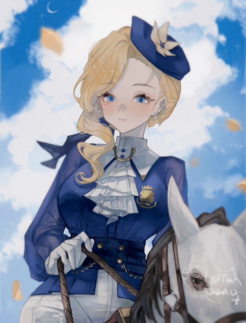 1girl ascot azur_lane blonde_hair blue_eyes blue_hat blue_shirt blue_sky breasts cloud corset day earrings flower gloves hat hat_flower highres hood_(azur_lane) hood_(gentlewoman_and_stallion)_(azur_lane) horse horseback_riding jewelry long_hair long_sleeves looking_at_viewer official_alternate_costume outdoors pants riding riding_outfit royal_navy_emblem_(azur_lane) shirt sky tiatan tilted_headwear white_ascot white_gloves white_horse white_pants