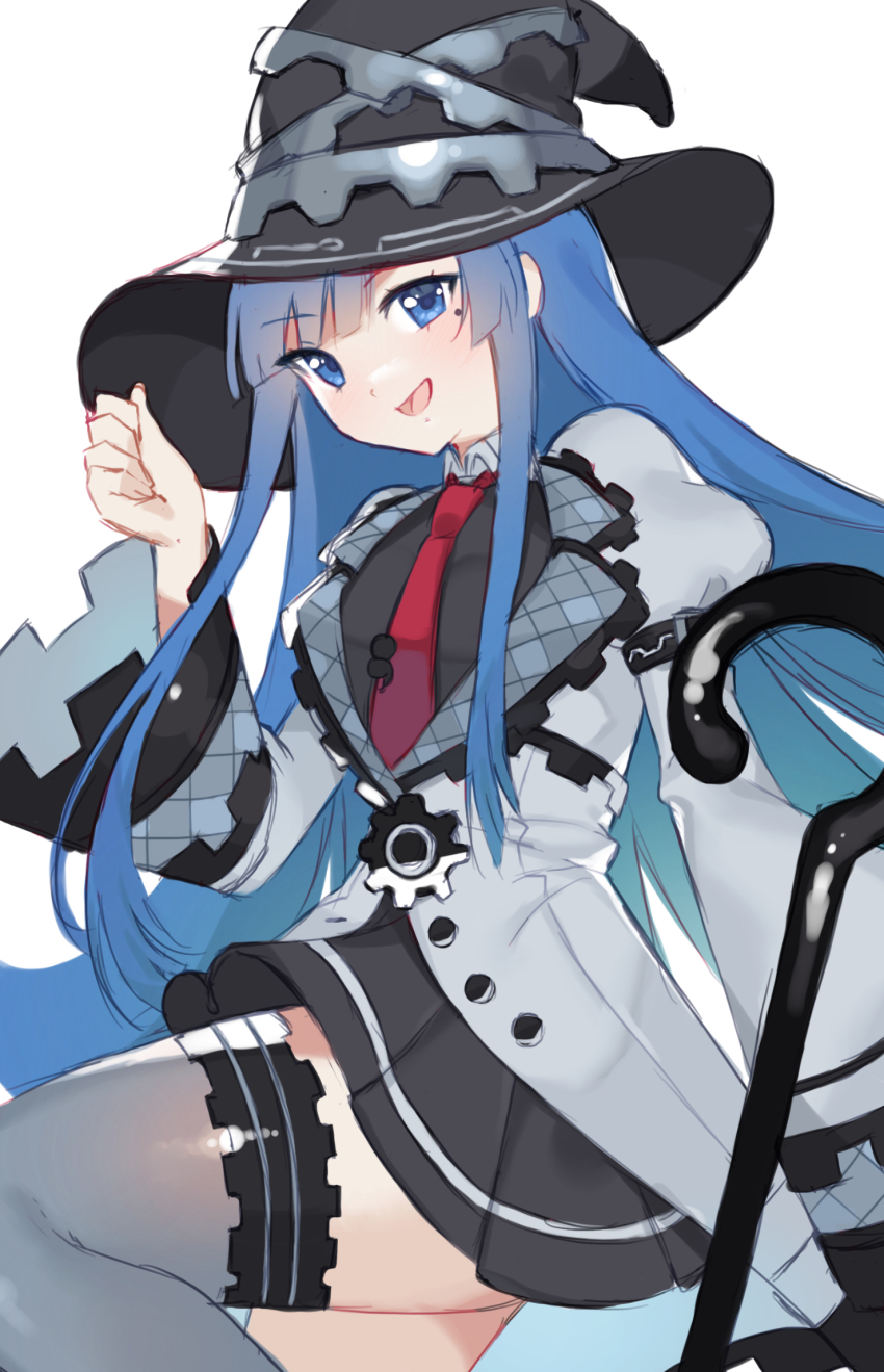 1girl blue_eyes blue_hair coat commentary commentary_request hand_up hat highres juliet_sleeves long_hair long_sleeves looking_at_viewer mages. mole mole_under_eye multicolored_clothes multicolored_coat multicolored_shirt multicolored_thighhighs necktie neptune_(series) open_mouth puffy_sleeves red_necktie shirt simple_background skirt sleeve_garter smile solo staff suuuuica thighhighs very_long_hair white_background wide_sleeves witch_hat